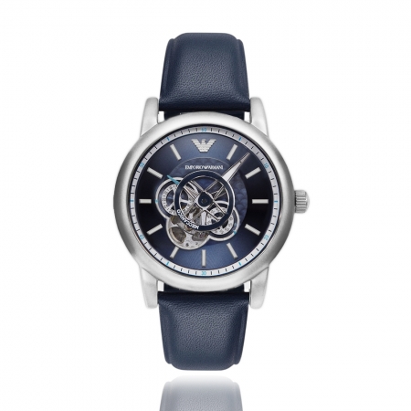 Emporio Armani 亞曼尼 | 原廠平輸精品手錶 極簡紳士計時鏤空皮革機械男錶 - 藍AR60011