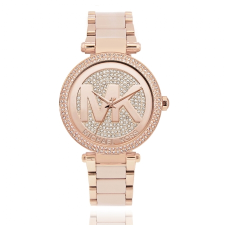 MICHAEL KORS美國原廠平行輸入手錶 | MK 大logo滿鑽 璀璨晶鑽粉色錶盤腕錶/ MK6176