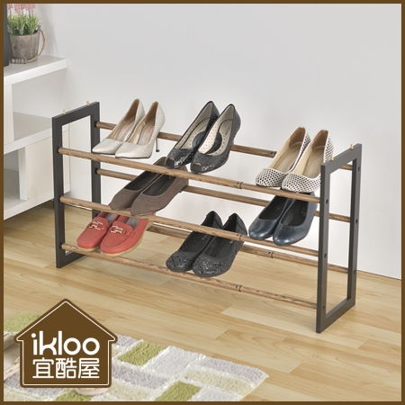 【ikloo】木質堆疊可延伸鞋架（黑深木紋）