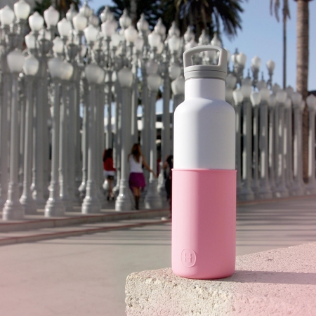 【美國HYDY】時尚保溫水瓶-白瓶＋玫瑰粉矽膠套 590ML