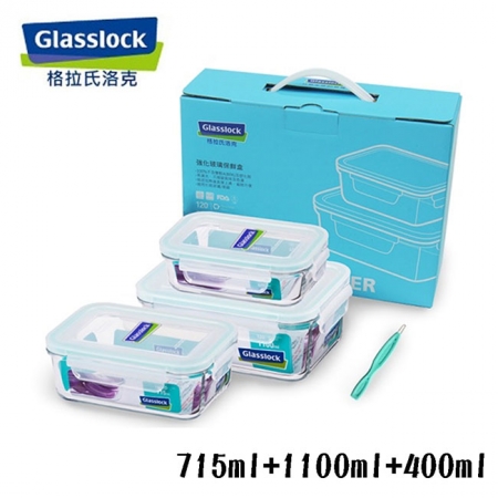 韓國【Glasslock】三件式強化玻璃保鮮盒組（400ml＋715ml＋1100ml）RP51891贈膠條易取棒