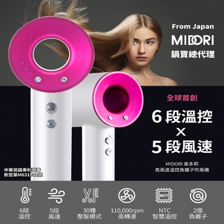 【MIDORI】高風速溫控負離子吹風機＋專用配件組＋收納架-白
