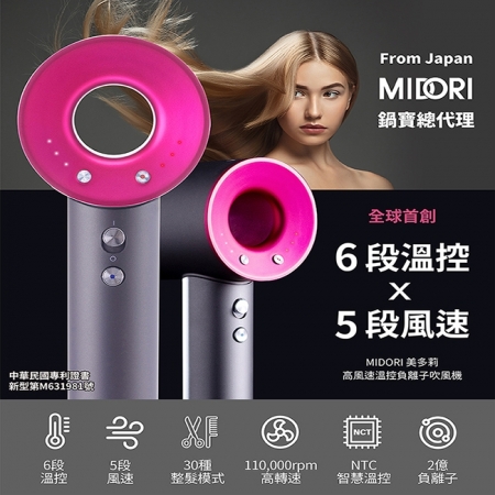 【MIDORI】高風速溫控負離子吹風機＋專用配件組＋收納架-灰