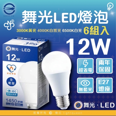 Dancelight 舞光 12w LED燈泡 無藍光 全電壓 E27燈頭 白光/中性光/黃光（6入）