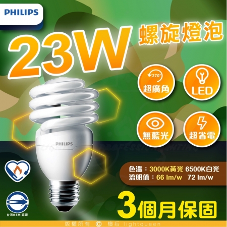 飛利浦 PHILIPS T2 23W 螺旋省電節能燈泡 110V E27（白光/黃光）4入