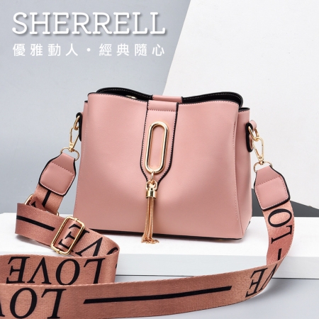 《Sherrell 雪瑞兒》新款時尚水桶包 寬肩帶 大容量 單肩包 斜挎包--粉色