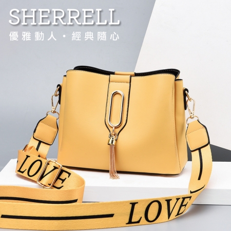 《Sherrell 雪瑞兒》新款時尚水桶包 寬肩帶 大容量 單肩包 斜挎包--黃色