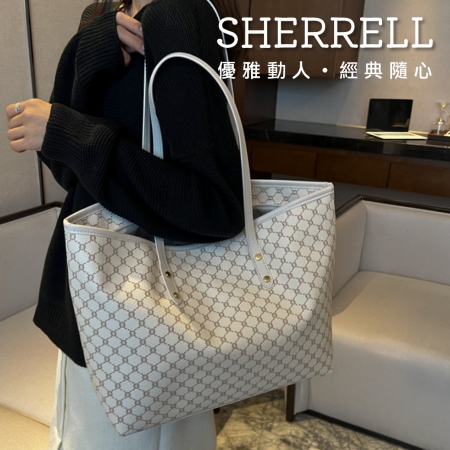 《Sherrell 雪瑞兒》新款韓系托特包 夏季 休閒 印花 氣質高級感 大容量 單肩包--米白