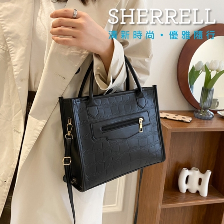 《Sherrell 雪瑞兒》新款時尚 復古石頭紋 單肩 手提包 托特包--黑色