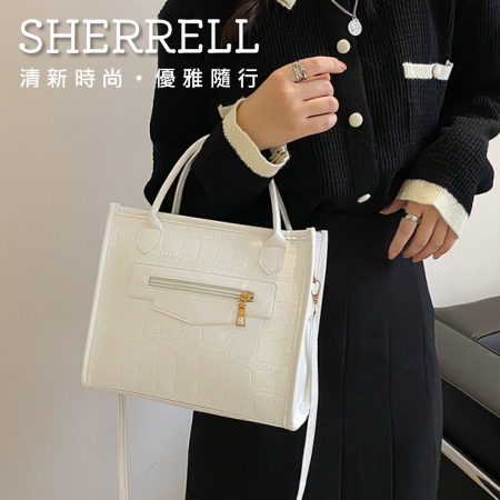 《Sherrell 雪瑞兒》新款時尚 復古石頭紋 單肩 手提包 托特包--白色