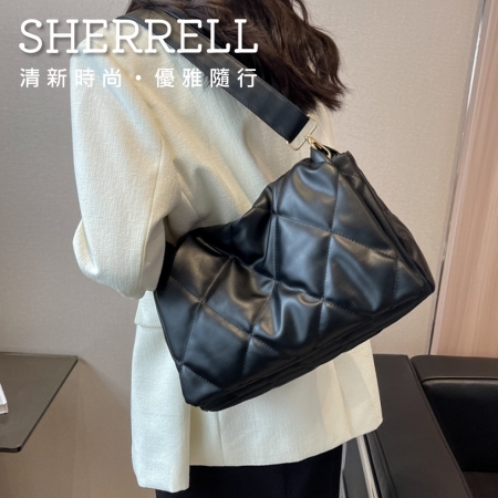 《Sherrell 雪瑞兒》新款高級感菱格百搭單肩包休閒時尚托特包--黑色