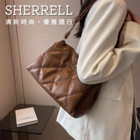 《Sherrell 雪瑞兒》新款高級感菱格百搭單肩包休閒時尚托特包--咖啡