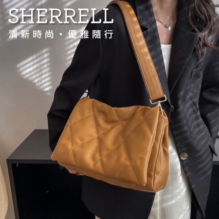 《Sherrell 雪瑞兒》新款高級感菱格百搭單肩包休閒時尚托特包--卡其