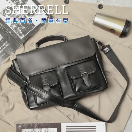 《Sherrell 雪瑞兒》新款復古郵差公文包 手提包 電腦包 單肩斜挎包--黑色