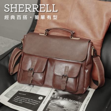 《Sherrell 雪瑞兒》新款復古郵差公文包 手提包 電腦包 單肩斜挎包--咖啡