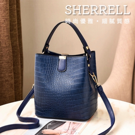 《Sherrell 雪瑞兒》新款時尚壓花休閒水桶包 單肩包--寶藍