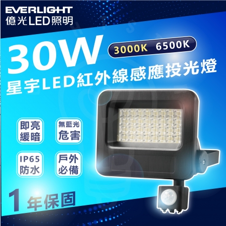 【Everlight 億光】30W 星宇感應LED投光燈 感應燈 IP65（白光/黃光） 防水 感應 戶外燈具