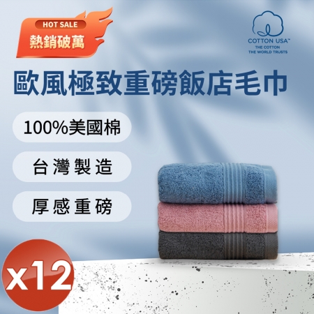 【HKIL-巾專家】MIT歐風極緻厚感重磅飯店彩色毛巾（3色任選）-12入組