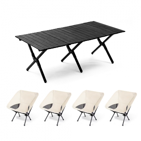 E.C outdoor 戶外露營折疊鋁合金桌月亮椅五件組-贈收納袋