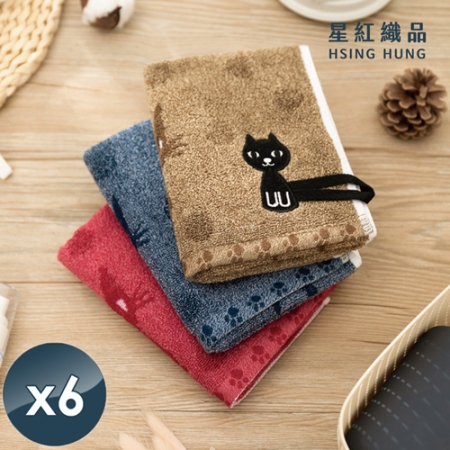 【星紅織品】黑色小貓純棉兒童毛巾-6入組