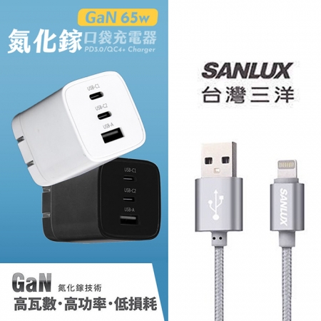 Wephone 65W氮化鎵充電器（贈送台灣三洋 蘋果認證/編織快充線1M）