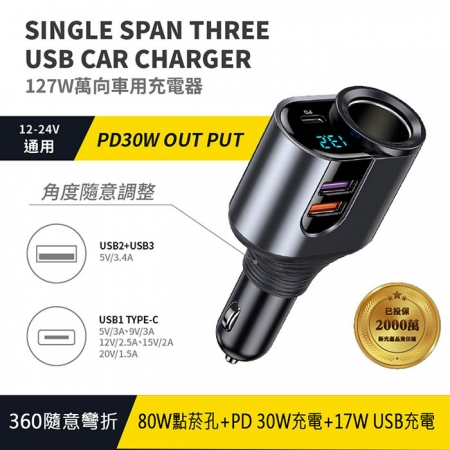 Songwin 127W 萬向360隨意彎折/車用充電器（TypeC＋雙USB）