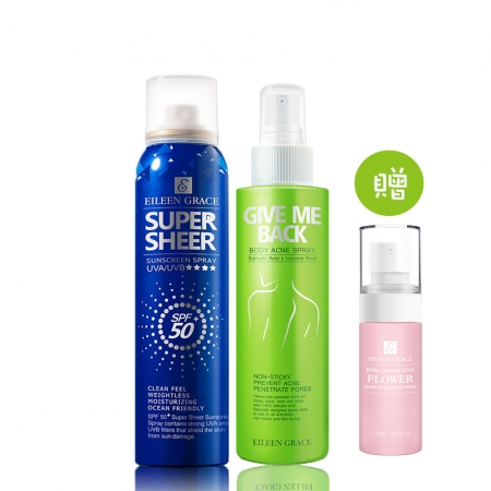 妍霓絲水楊酸抗痘無痕美體噴霧150ML＋清爽沁涼防曬噴霧180ml＋贈玫瑰噴霧50ml