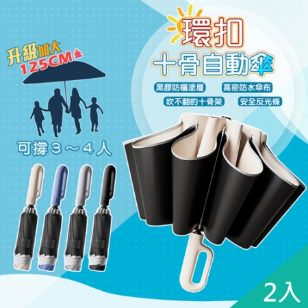 【QiMart】大傘面反光條環扣反向黑膠摺疊自動傘（A款）x2入