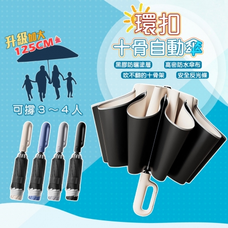 【QiMart】大傘面反光條環扣反向黑膠摺疊自動傘（A款）