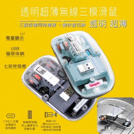 Songwin 透明超薄磁吸無線三模滑鼠（靜音設計、TYPE C 充電）CY-M133