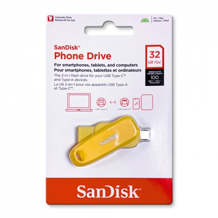 SanDisk【32G】Phone Drive USB 3.2 Type-C 雙接頭OTG 隨身碟 手機/平板適用 黃色（SD-DDC6-YD-32G）