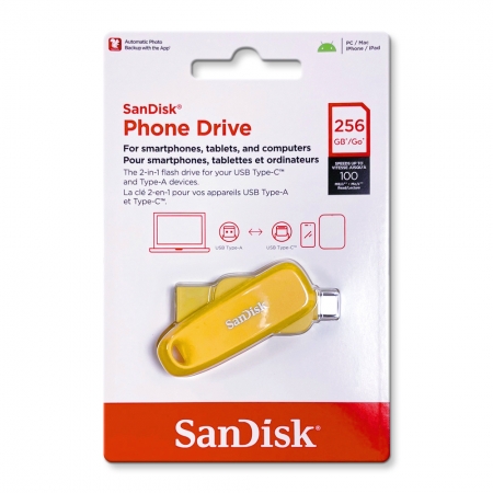 SanDisk【256G】Phone Drive USB 3.2 Type-C 雙接頭OTG 隨身碟 手機/平板適用 黃色（SD-DDC6-YD-256G）