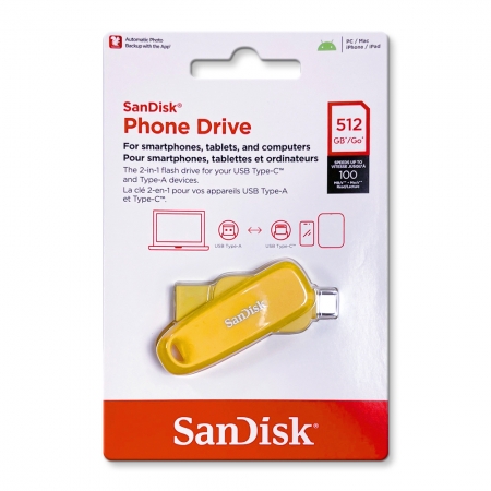 SanDisk【512G】Phone Drive USB 3.2 Type-C 雙接頭OTG 隨身碟 手機/平板適用 黃色（SD-DDC6-YD-512G）