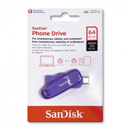 SanDisk【64G】Phone Drive USB 3.2 Type-C 雙接頭OTG 隨身碟 手機/平板適用 紫色（SD-DDC6-PO-64G）
