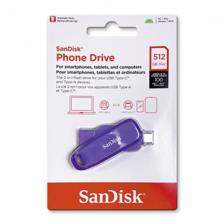 SanDisk【512G】Phone Drive USB 3.2 Type-C 雙接頭OTG 隨身碟 手機/平板適用 紫色（SD-DDC6-PO-512G）