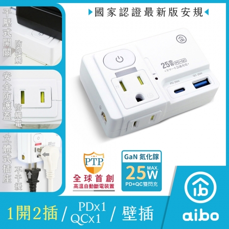 aibo 氮化鎵 平壓式1開2插 高溫斷電智慧 PD25W快充 USB壁插