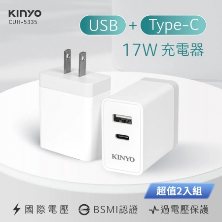 KINYO 國際電壓USB＋Type-C充電器17W CUH-5335 超值2入組