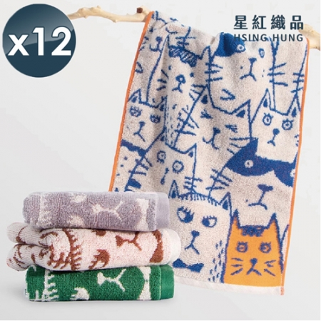 【星紅織品】可愛胖胖貓雙面圖案純棉毛巾x12入