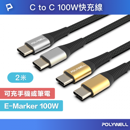 POLYWELL USB Type-C 100W 公對公快充線 充電線 編織線 2米 可充筆電 安卓 平板 寶利威爾 台灣現貨
