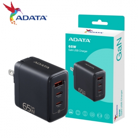 ADATA 威剛 PD/QC 65W 快充 三孔 GaN 充電器 雙孔 Type-C ＋ Type-A 黑色 （AD-U0653-K）