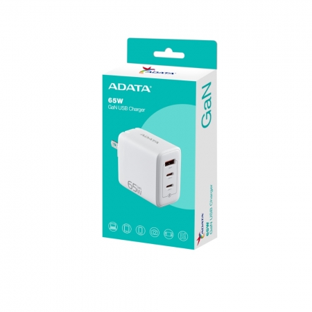 ADATA 威剛 PD/QC 65W 快充 三孔 GaN 充電器 雙孔 Type-C ＋ Type-A 白色 （AD-U0653-W）