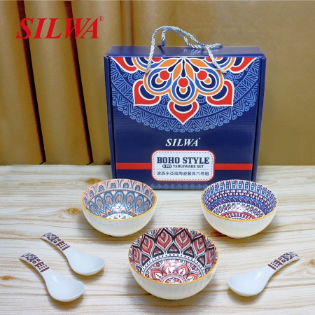 西華 波西米亞風陶瓷餐具六件組（碗3入＋湯匙3入） Q-028