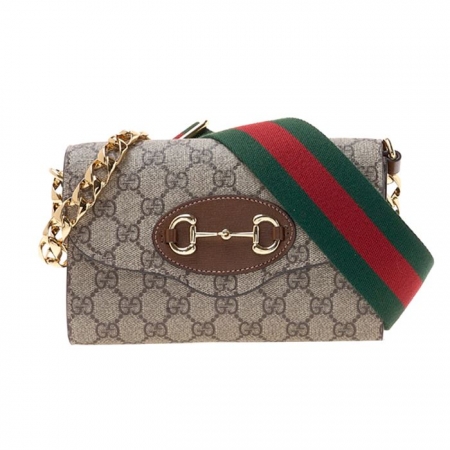 GUCCI 經典1955 Horsebit馬銜釦雙背帶手拿/斜背包（卡其） 平輸 點數兌換