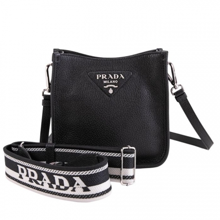 PRADA 荔枝牛皮三角LOGO可換背帶磁釦式斜背包（黑色）平行輸入 點數兌換