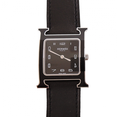 Hermes 愛馬仕 Heure H小牛皮全黑琺瑯框石英女仕腕錶（黑/26mm） 平行輸入 點數兌換