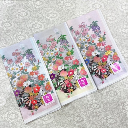 京都手帕 -友禪刺繡系列-花車（粉/黃/紫）