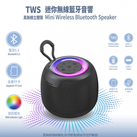 Wildex TWS 炫彩環繞立體聲藍牙喇叭/音響（可串聯/大容量電池/支援TF記憶卡）WD04-BS01