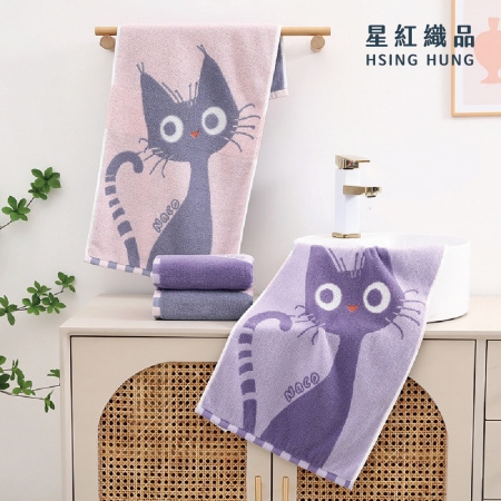 【星紅織品】可愛大眼貓純棉毛巾