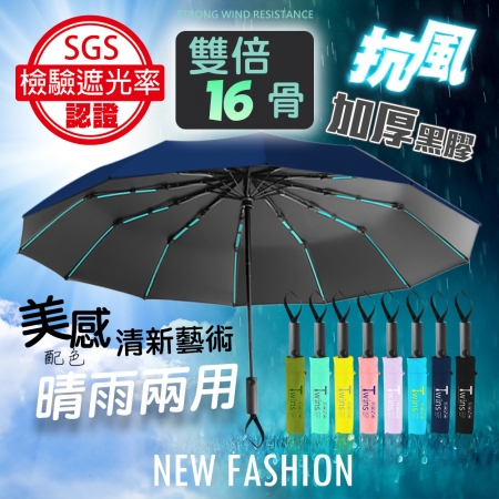 【QiMart】16骨抗風高質感摺疊自動傘（B款）