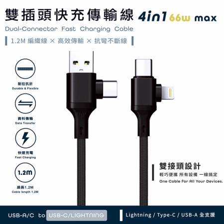 Songwin PD66W 4in1雙插頭快充傳輸線/耐彎折編織線（120cm）